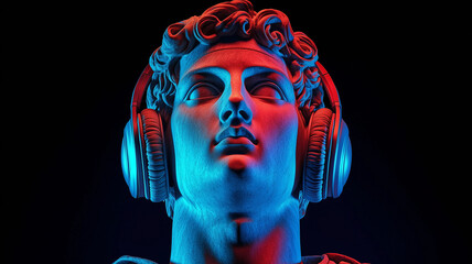 Classic sculpture with modern headphones in neon light 
