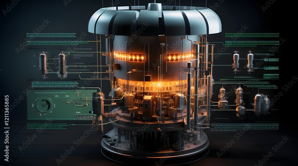 Poster detailed diagram of nuclear reactor process with labeled components showcasing the complex systems a