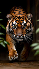 muzzle of concentrated wild tiger with striped fur looking at camera amidst green leaves in lush forest
