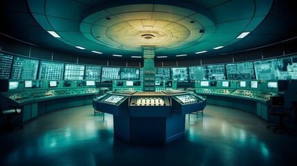 Futuristic control room of a nuclear power plant featuring glowing monitors complex dashboard interfaces and advanced technological equipment for managing electricity and safety