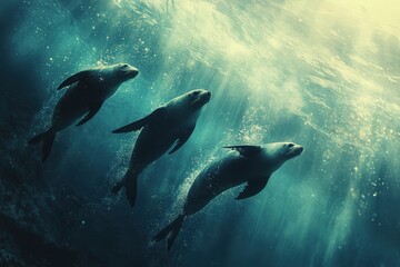 Obraz premium group of sea lions playfully swims together in the open ocean, their sleek bodies gliding effortlessly through the water.