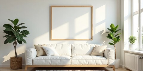 Serene Living Room with Minimalist Decor and Sunlight Streaming Through Window Featuring a Large Blank Frame Above a Comfortable White Sofa