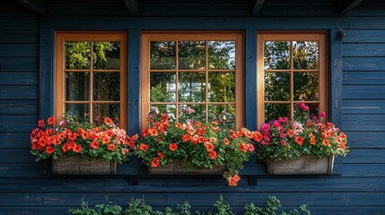 Exterior windows of wooden house decorated with fresh flowers