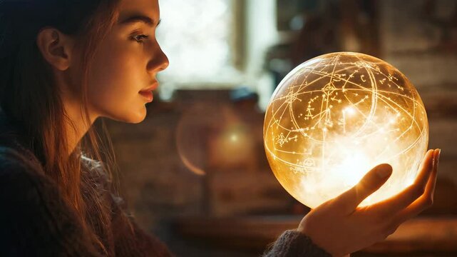 A young woman gazes intently at a glowing orb etched with star constellations and celestial patterns, creating an atmosphere of mystery and wonder. Warm ambient lighting enhances the magical