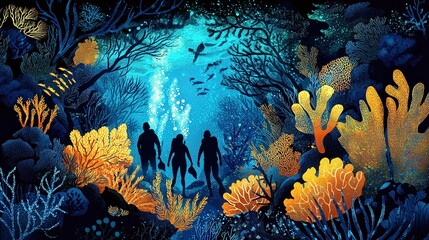 underwater landscape where divers work under the mysterious sea, surrounded by glowing corals and shadowy figures moving in the distance