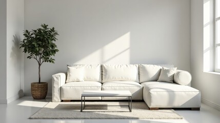 Modern minimalist living room interior design featuring a spacious off-white sectional sofa, a simple coffee table, and a potted plant