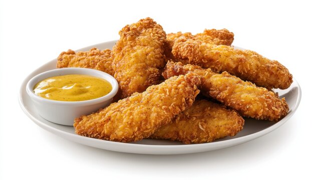 A plate of crispy chicken tenders with a side of honey mustard dipping sauce, Each tender’s golden-brown crust and juicy interior captured with precision