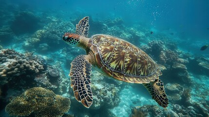 Obraz premium capturing the intricate patterns of a sea turtle's shell as it glides serenely through tropical blue waters surrounded by coral