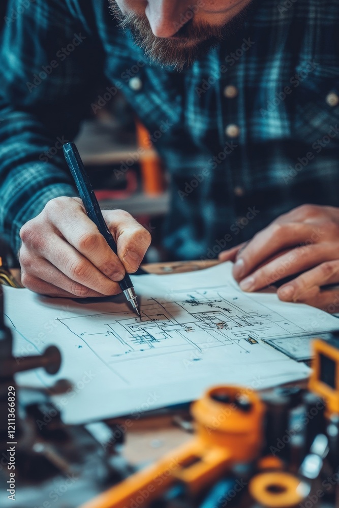 Poster a dynamic shot of an engineer sketching a circuit diagram by hand, with tools and notes on a table