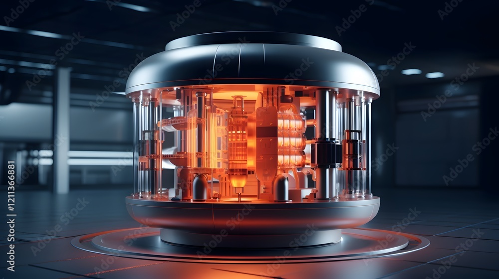 Poster detailed digital rendering of a compact nuclear reactor prototype design for sustainable and efficie