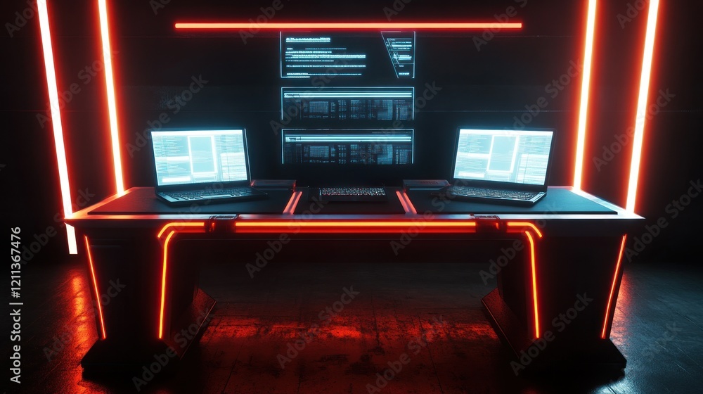 Poster cyberpunk workstation: neon-lit desk with multiple laptops and monitors displaying code
