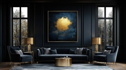 Fototapeta premium Dark Elegance: Gold Accents in a Luxurious Living Room