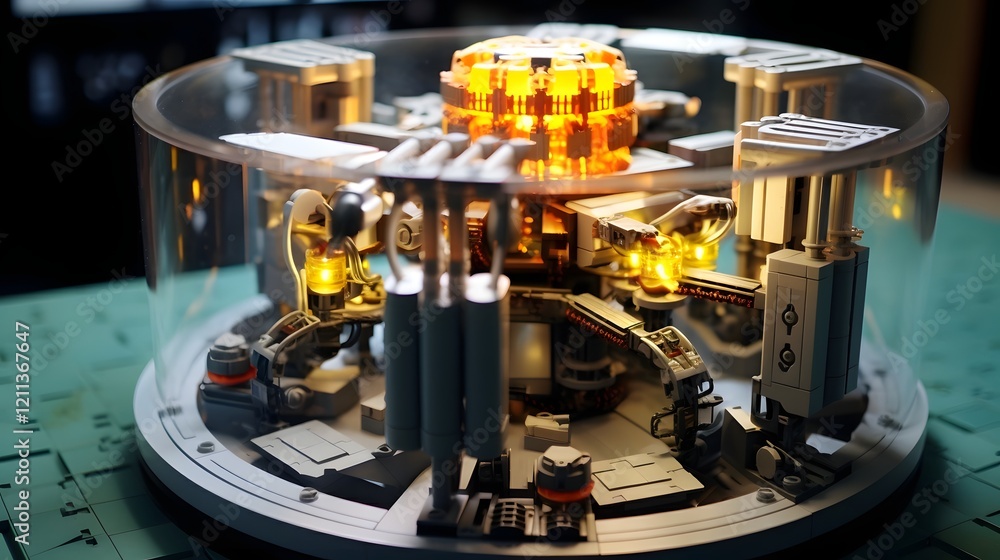 Poster innovative and compact 3d rendering of a high tech small modular nuclear reactor design showcasing a