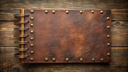 Fototapeta premium Rustic Leather-Bound Spiral Notebook on Wooden Surface A Blank Canvas for Creative Ideas and Journaling
