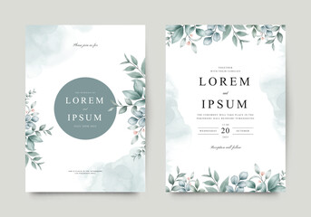 Beautiful wedding invitation template set with watercolor floral leaves