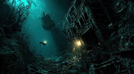 lone diver illuminated by a torchlight, swimming through the dark, rusted corridors of a sunken ship off Venezuela coast, with marine life weaving in and out of the wreckage