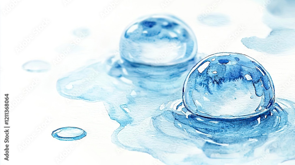 Poster water watercolor concept. close-up of two water droplets on a smooth surface with a soft blue backgr