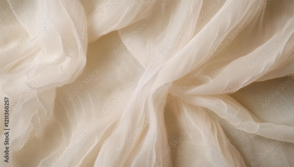Poster delicate beige chiffon fabric texture with soft folds and translucent layers, ideal for background, 