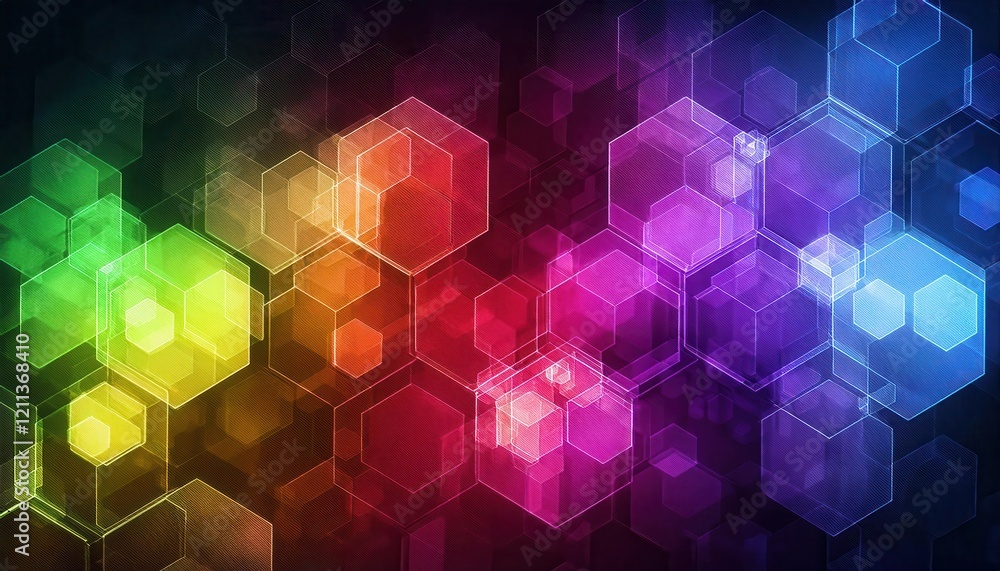 Poster vibrant hexagonal bokeh abstract with a rainbow gradient, ideal for creative backgrounds, graphic de