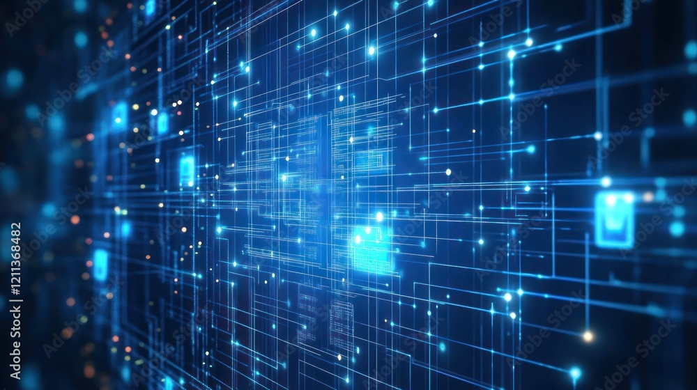 Poster digital data flows across futuristic server network