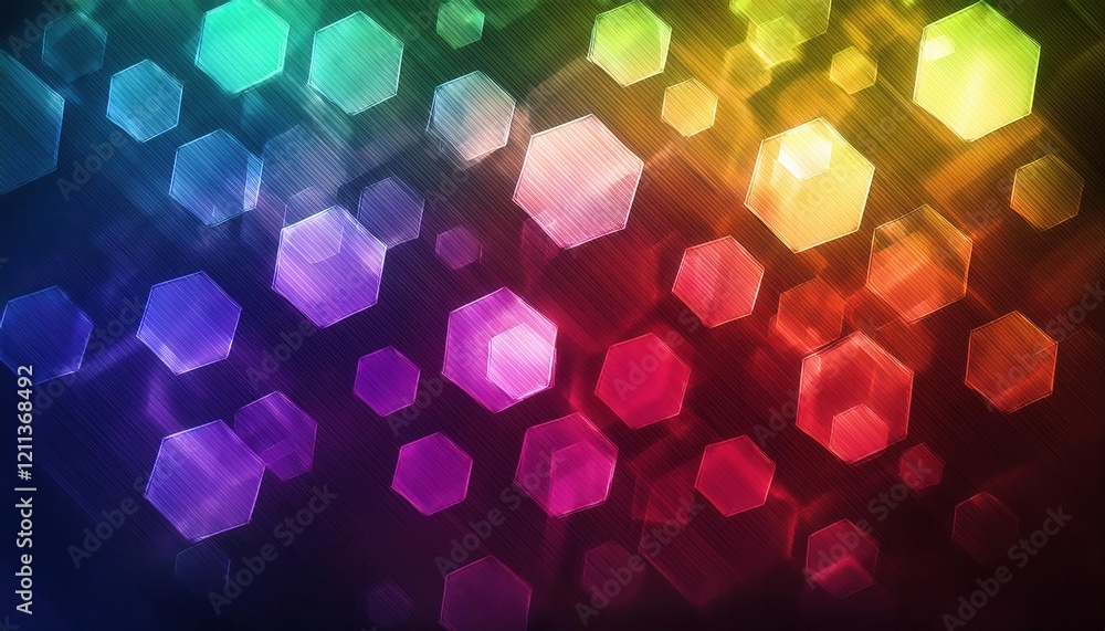 Poster vibrant hexagonal bokeh abstract with a rainbow gradient, ideal for creative backgrounds, graphic de