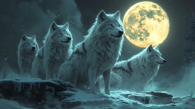 Animated portrayal of a family of wolves on a moonlit night, their presence creating an aura of mystery, white background ::2 lunar guardians, animated stance, wolf pack, moonlit ambiance, untamed 