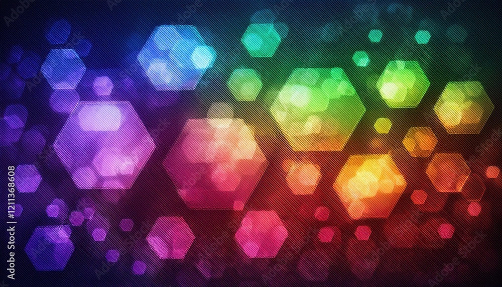Poster vibrant hexagonal bokeh abstract with a rainbow gradient, ideal for creative backgrounds, graphic de