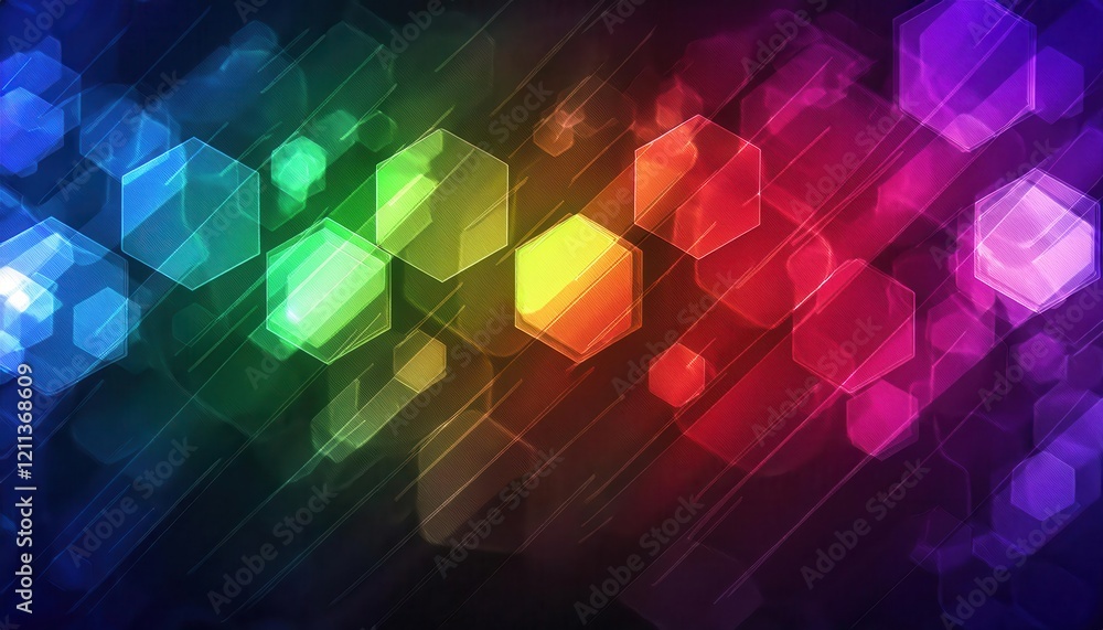 Poster vibrant hexagonal bokeh abstract with a rainbow gradient, ideal for creative backgrounds, graphic de