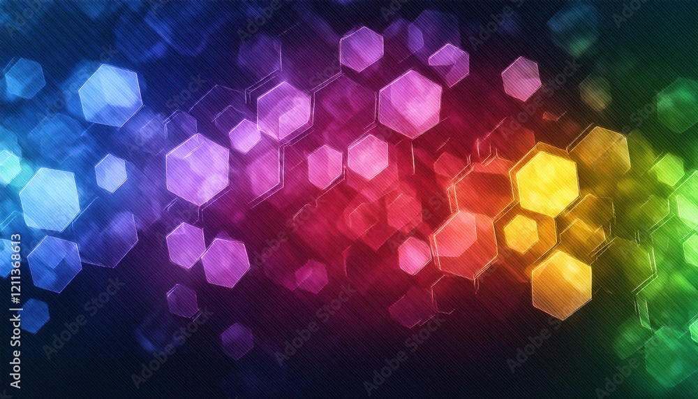 Poster vibrant hexagonal bokeh abstract with a rainbow gradient, ideal for creative backgrounds, graphic de