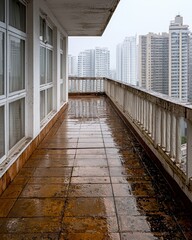 Fototapeta premium A rain-soaked balcony with a view of tall city buildings in the background.