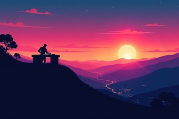 Fototapeta premium Sunset Symphony A lone figure mixes music atop a mountain, overlooking a valley bathed in the warm glow of a setting sun.
