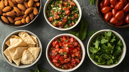 Traditional mexican salsa with tomatoes, onion, chorizo and cilantro on dark background