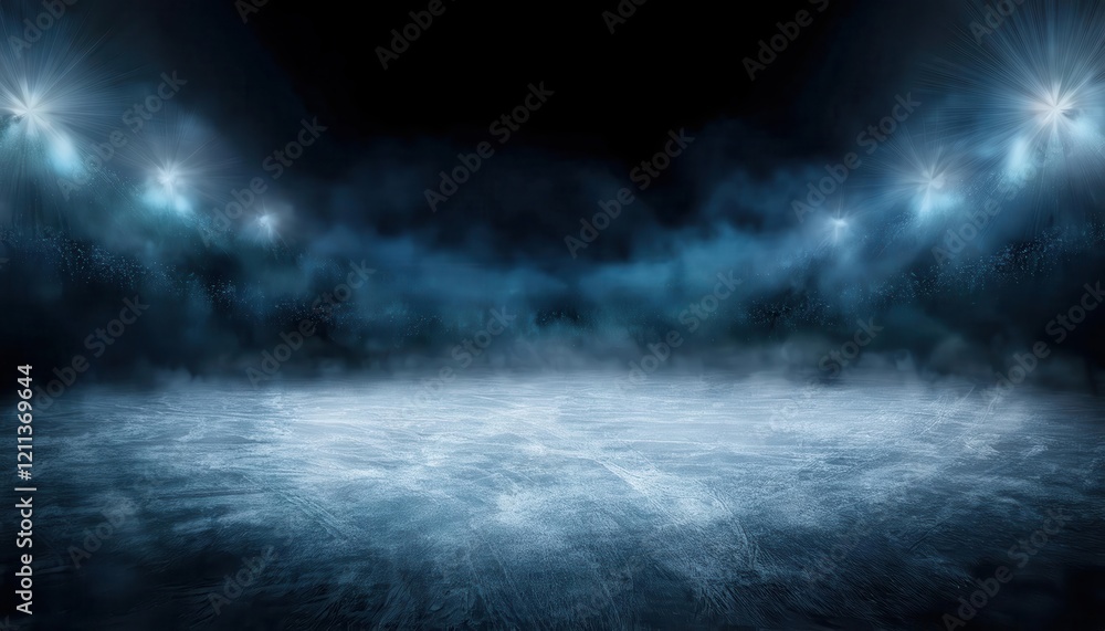 Poster dark atmospheric ice rink illuminated by hazy bright spotlights with a foggy frozen surface, ideal f