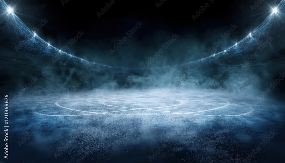 Poster dark atmospheric ice rink illuminated by hazy bright spotlights with a foggy frozen surface, ideal f