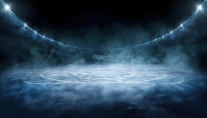 dark atmospheric ice rink illuminated by hazy bright spotlights with a foggy frozen surface, ideal for sports or dramatic backdrops


