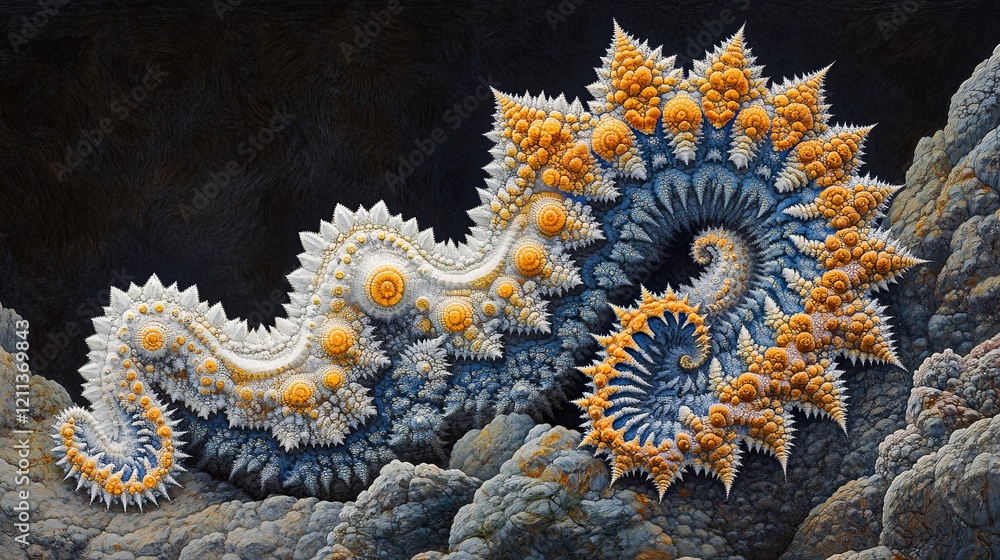 Poster intricate fractal design resembling a fantastical creature in vibrant colors amidst abstract dark an