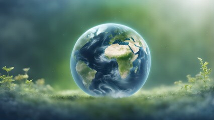 A digitally enhanced image of planet Earth gently resting on a bed of lush green grass, conveying environmental themes of nature and sustainability.