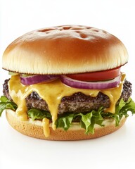 An appetizing cheeseburger with gooey cheese dripping down the sides, fresh vegetables, and a soft bun.