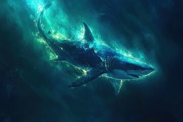Fototapeta premium majestic shark swims with effortless power through the luminous ocean, its sharp features illuminated by the soft light filtering from above.