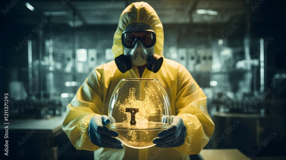 Poster nuclear scientist carefully handling enriched uranium sample in a secure and well equipped laborator