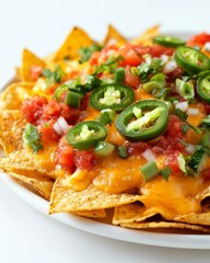 Cheesy nachos platter, loaded with melted cheese, jalapenos, and salsa, slightly angled on a white background