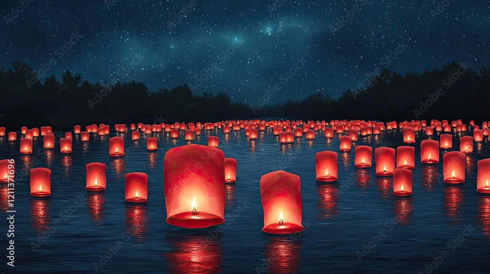 Poster chinese new year celebration idea. a serene night view of floating lanterns illuminating a tranquil 