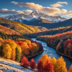 Fototapeta premium Snow-Dusted Peaks in Autumn Glow.jpeg