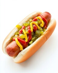 Delicious hot dog with a grilled sausage, topped with mustard, ketchup, and relish, served in a soft bun, centered on a white background