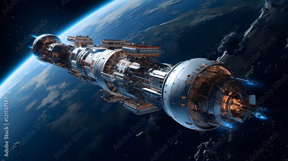 Poster stunning 3d rendering of a futuristic nuclear powered spacecraft concept soaring through the depths 