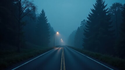 Fototapeta premium Misty Road at Twilight A Lonely Asphalt Path Through a Foggy Forest with Faintly Lit Streetlights