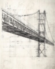 Fototapeta premium A serene depiction of a bridge design blueprint, with elevation and structural details neatly annotated