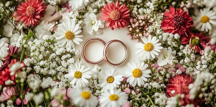Golden Wedding Rings Nestled in a Romantic Floral Arrangement