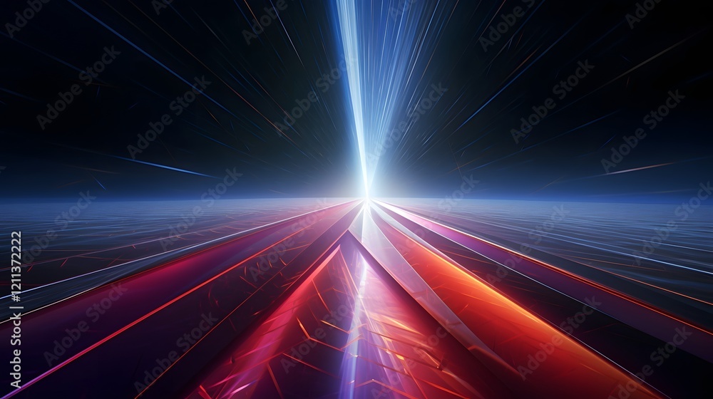 Poster a striking futuristic laser beam piercing through a sleek metallic digital landscape creating a capt