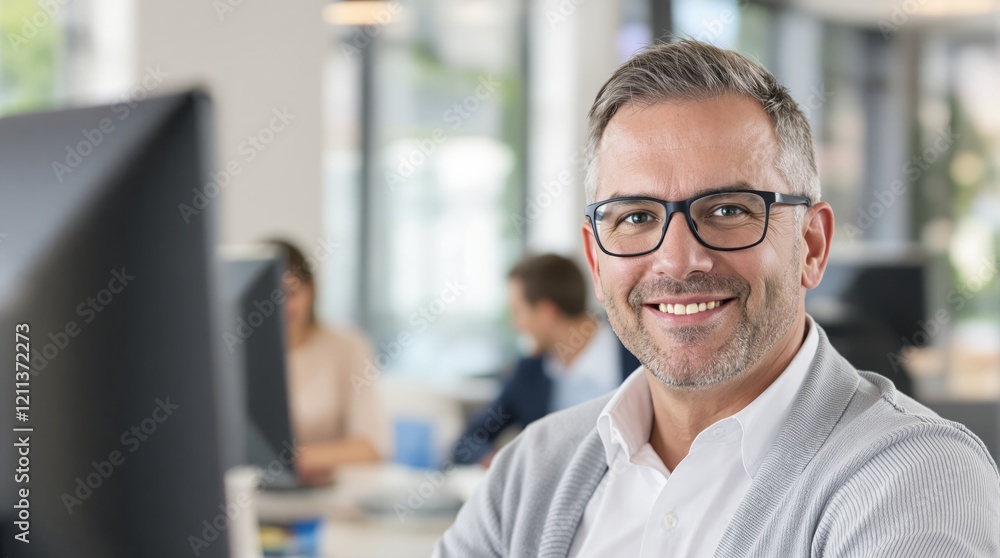 Poster smiling man wearing glasses and a sweater, sitting in a brightly lit office. colleagues and computer